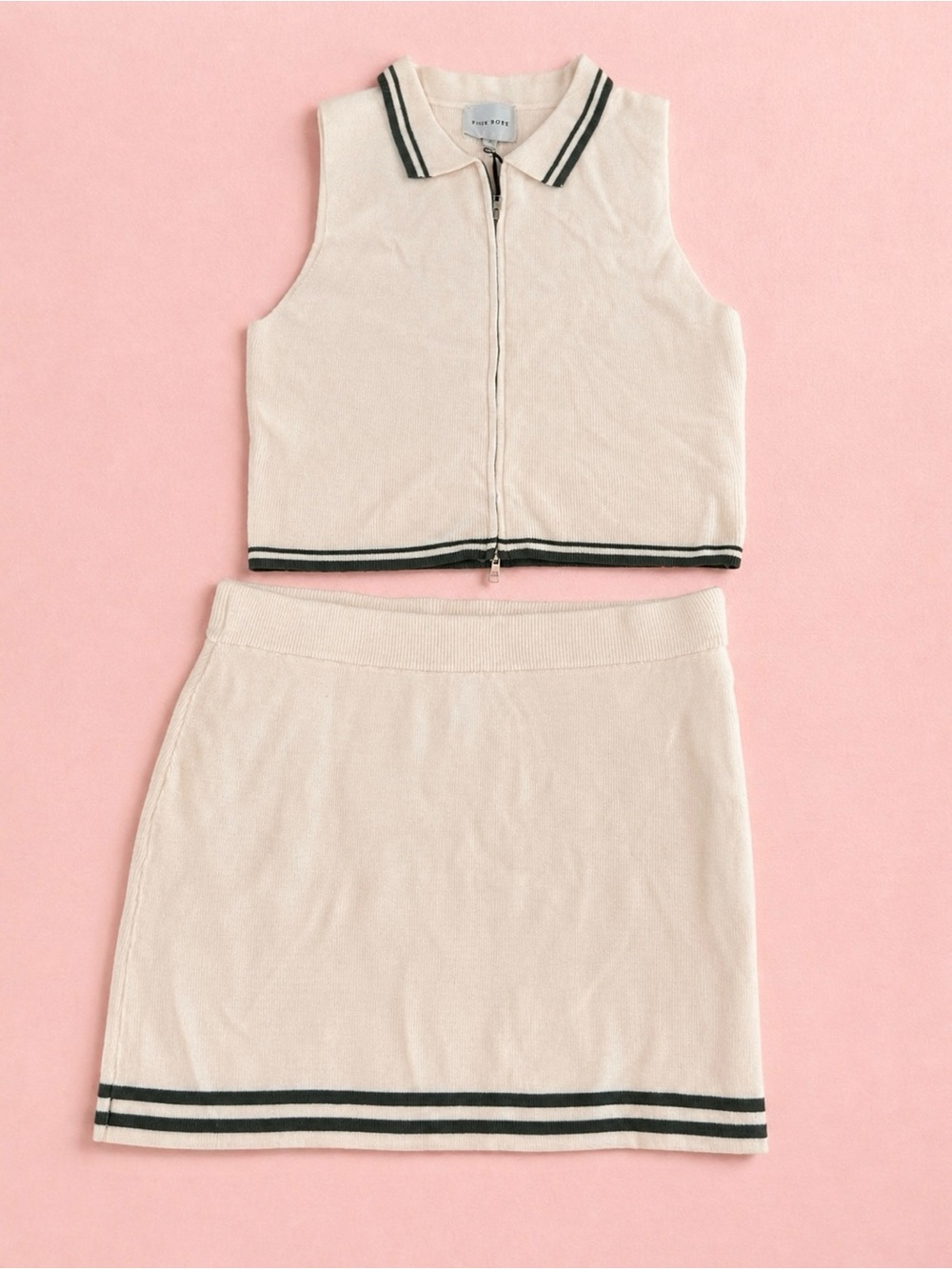 Pink Rose Cream Knit Zip Polo Top with olive Green Trim